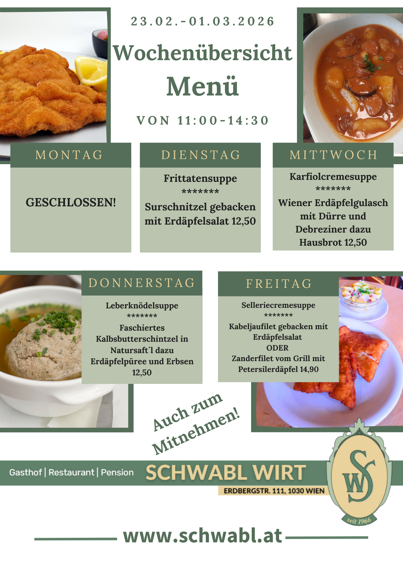 Wochenübersicht Menü beim Schwabl Wirt